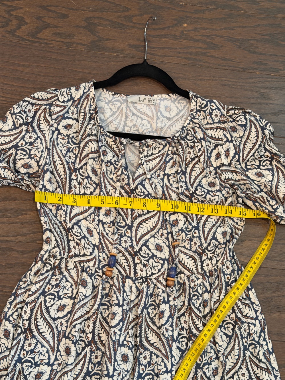 IKOLL Boho Paisley Floral Midi Dress Blue Ivory Long Sleeve Tie Neck Size Medium - Picture 6 of 11